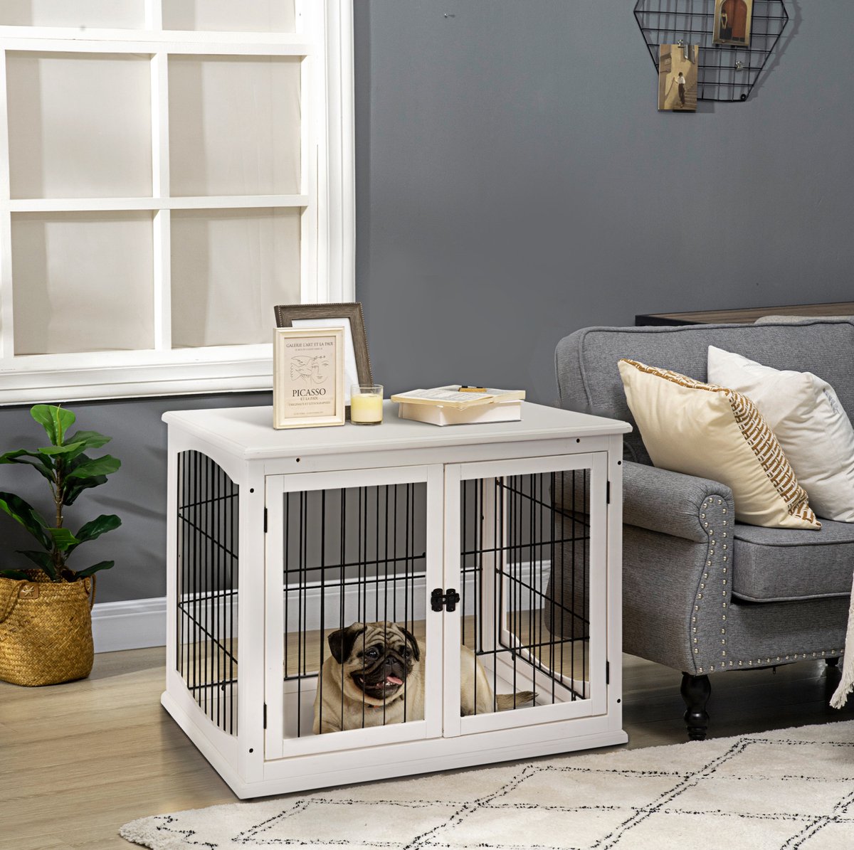 MEUNIQ hondenbench voor binnen 81 x 58,5 x 66 cm met 2 deuren en metalen tralies, transportbox voor middelgrote en kleine honden, wit