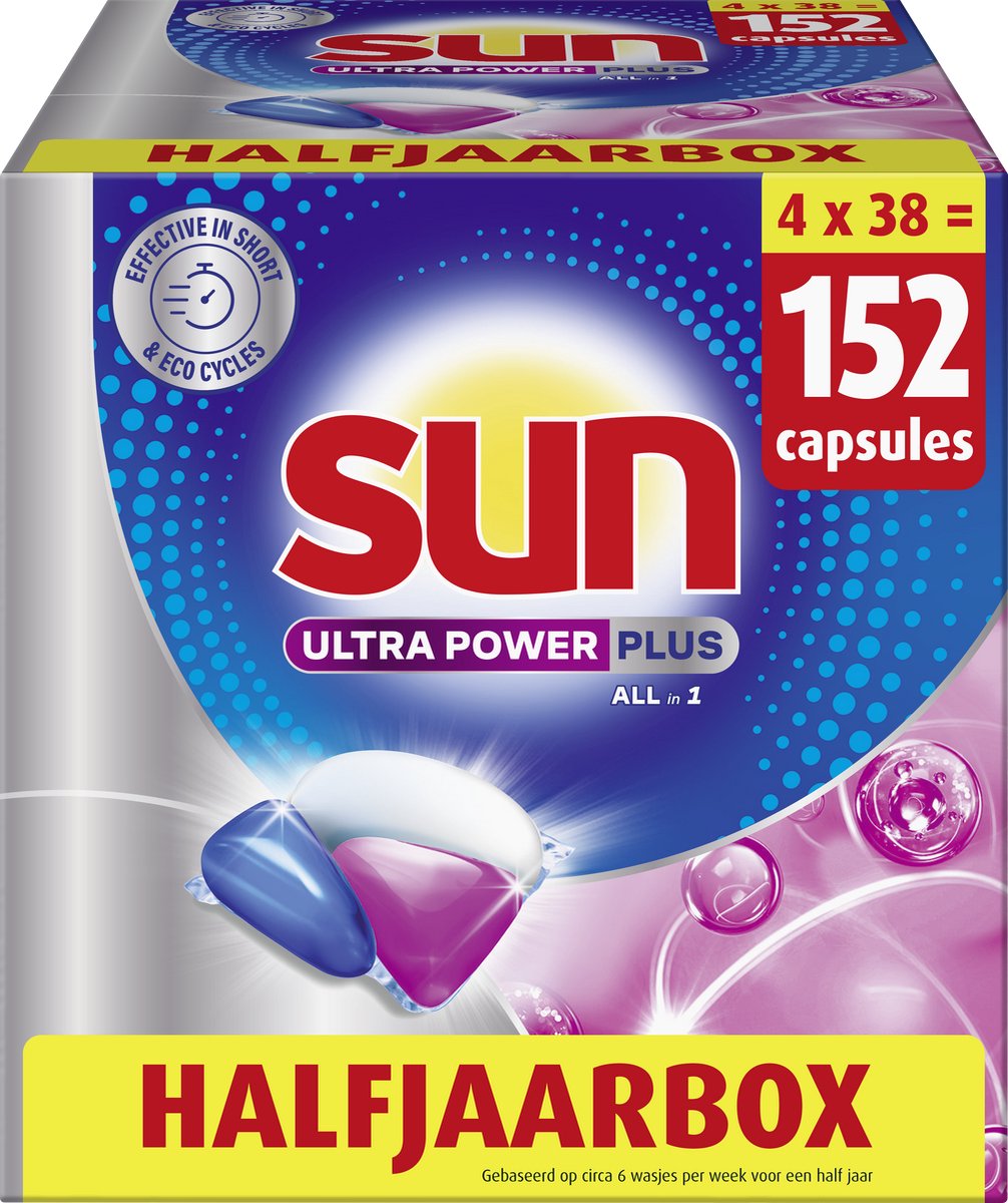 Sun - Vaatwastabletten - Ultra Power Plus - All-in 1 - 152 Capsules - Halfjaarbox