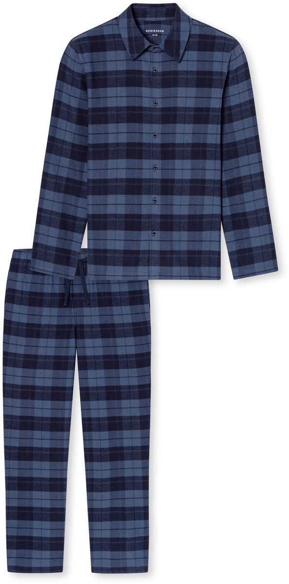 Schiesser flanellen heren pyjama met knoopsluiting - Ruit - Selected! Premium - 58 faded denim