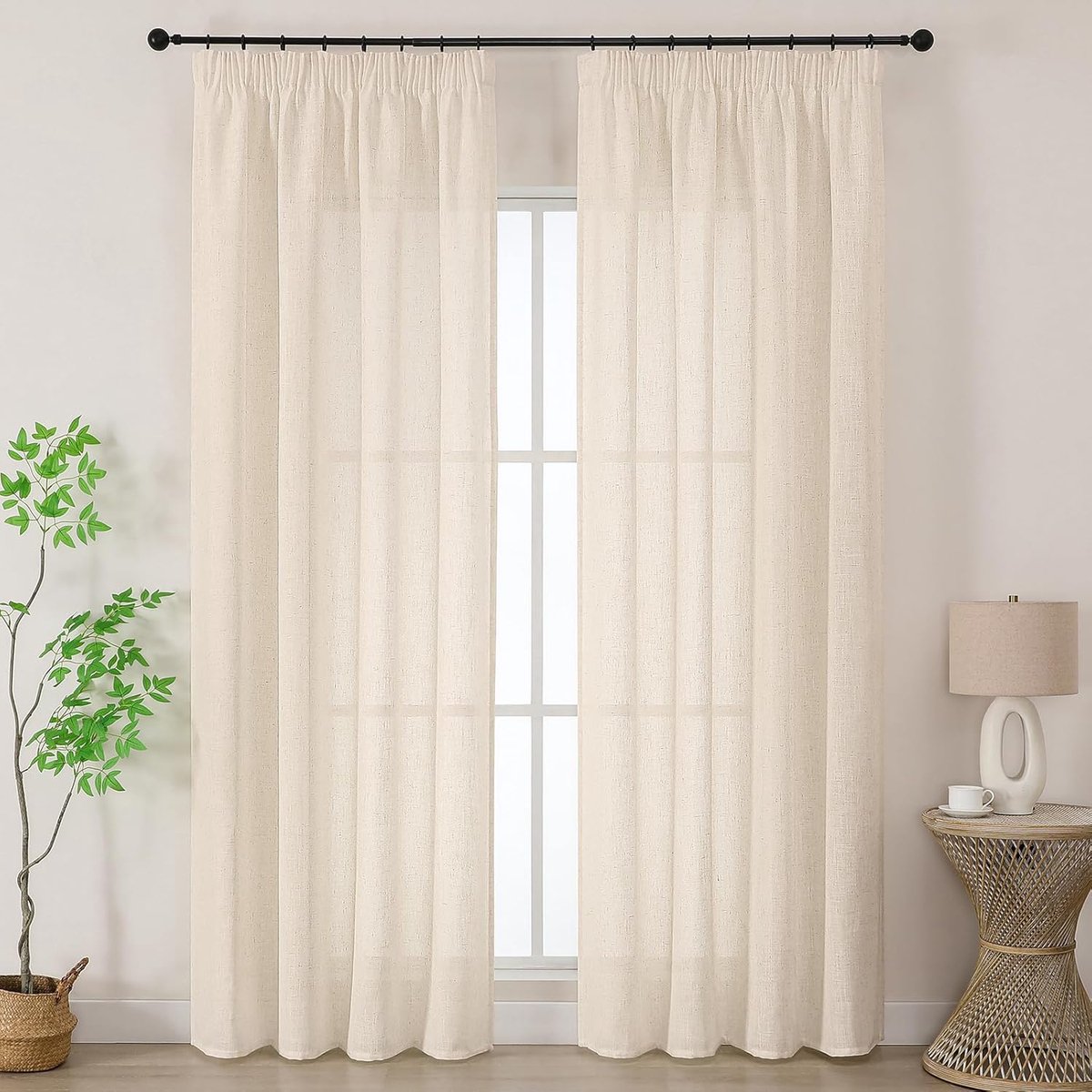 Natuurlijk Linnen Vitrages met Plooiband voor Rails 140B x 260H cm，2 stuks – Semi-transparante Vitrages (260 cm lang) voor Woonkamer & Slaapkamer – Beige