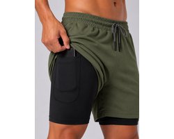 SparkNine Stridex fitness short heren - dubbellaags - met telefoonzak - XXL - groen - sneldrogend - met handdoeklus & zakken - functioneel & comfortabel