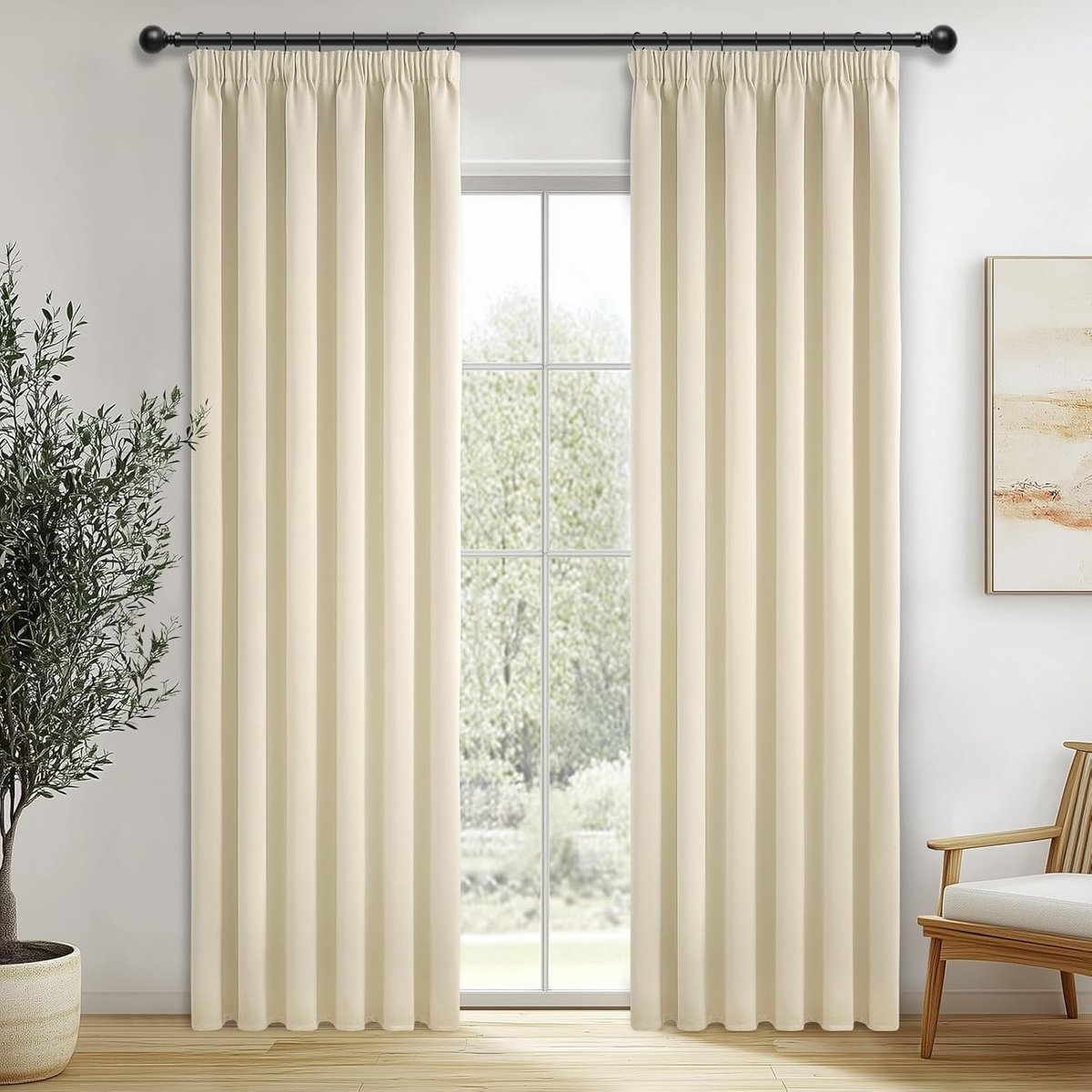 Gordijn met plooiband, beige, verduisteringsgordijn, kinderkamer, gordijnen met plooiband, voor woonkamer, slaapkamer en keuken, 220 x 140 cm (h x b), set van 2