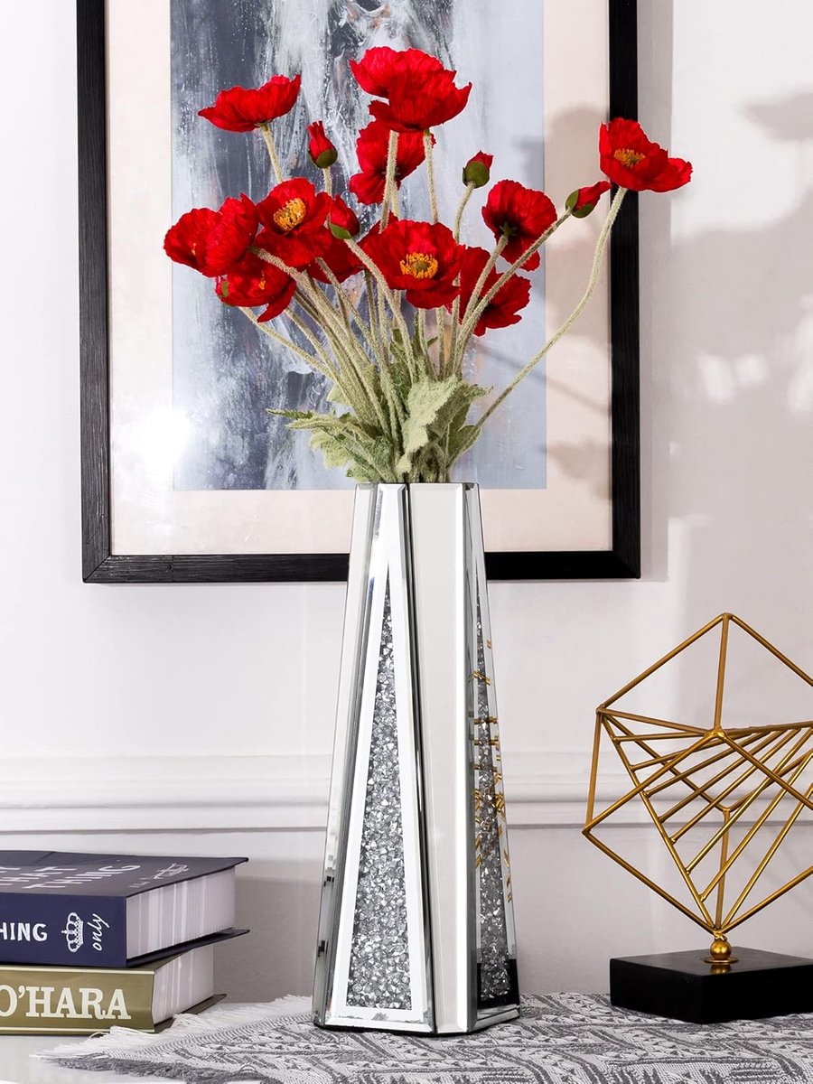 Grote Vaas voor Droogbloemen, Glas en MDF, Zilver, 33cm Hoog, Kristal en Spiegeldecoratie, Tafelvaas voor Woonkamer, Bruiloft
