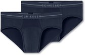 Twee donkerblauwe slips met grijze tailleband met Schiesser logo.