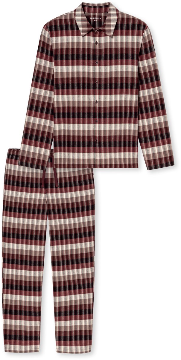 Schiesser Selected Premium Warming lange pyjama van flanel met kaneelgeruit ruitjespatroon - cinnamon dessin Bruin