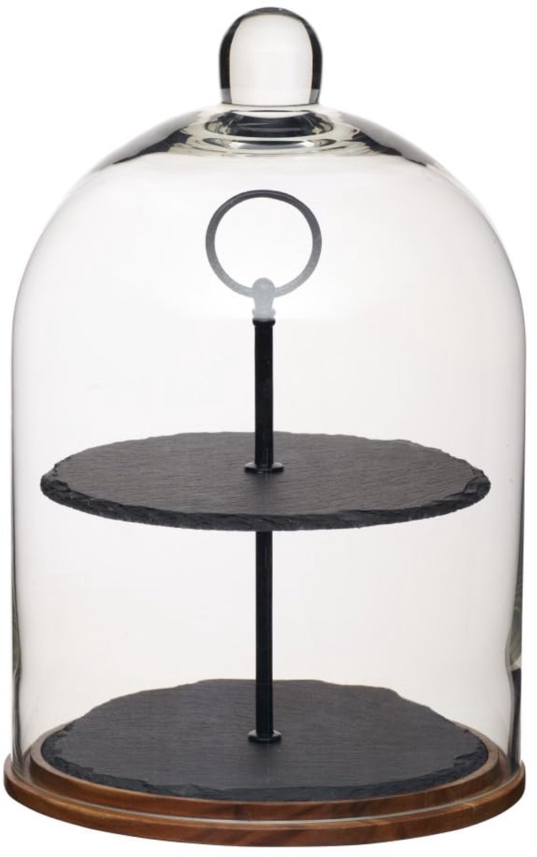 2-laags serveerstandaard/taartkoepel, glazen cloche voedselpresentatiekap/opslag met gelaagde leisteenplaten en houten voet, 22 x 31 cm - zwart/helder glas/hout
