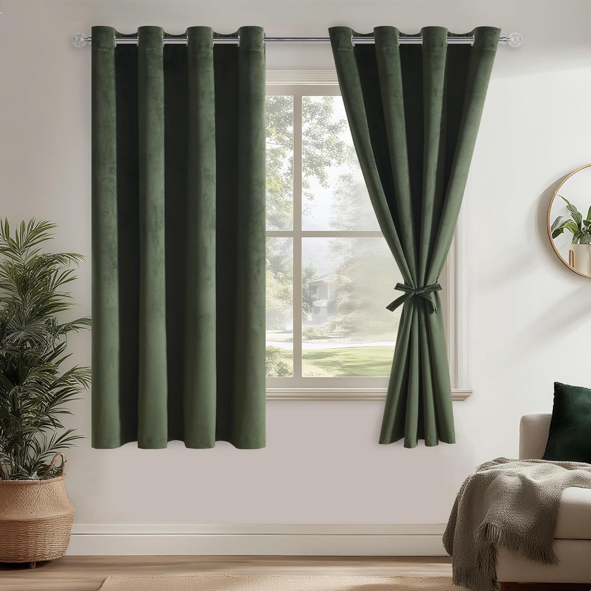 Thermogordijn Olijfgroen Samtgordijn met ringen, set van 2, H175 x B140cm, ondoorzichtige satijnen gordijnen voor woonkamer, slaapkamer, prachtig zacht gordijn voor verduistering, Velvet Curtains