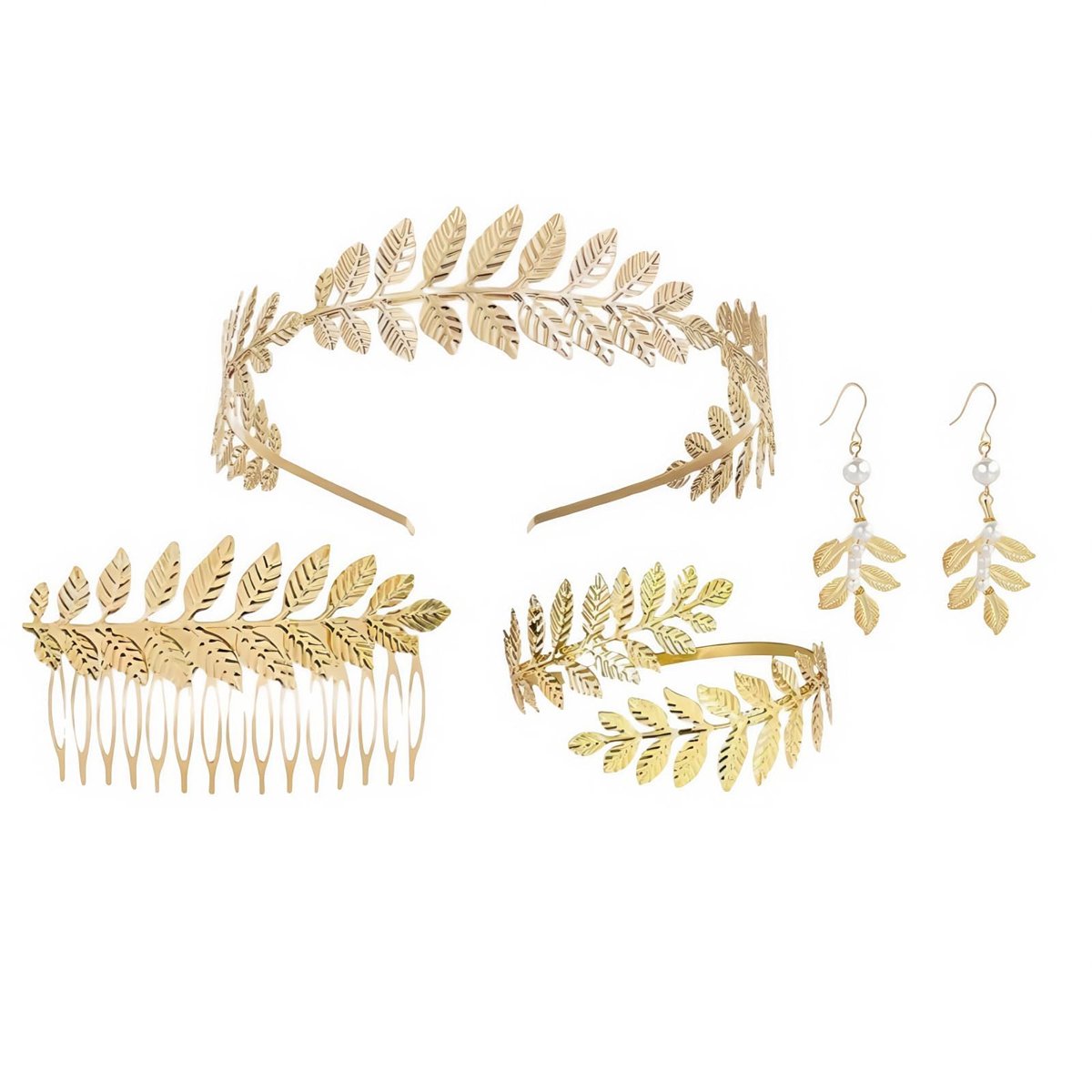 4 stuks Griekse godin kostuum accessoires, goud Griekse godin sieraden kostuum Griekse godin accessoires verstelbare laurierkrans hoofdtooi pareloorbellen haarkam armband