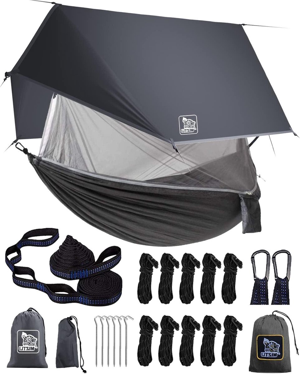Kampeerhangmat met Net - Tent Hangmat - Buiten Ontspannen - Inclusief Regenhoes - 289 x 144 cm - Grijs