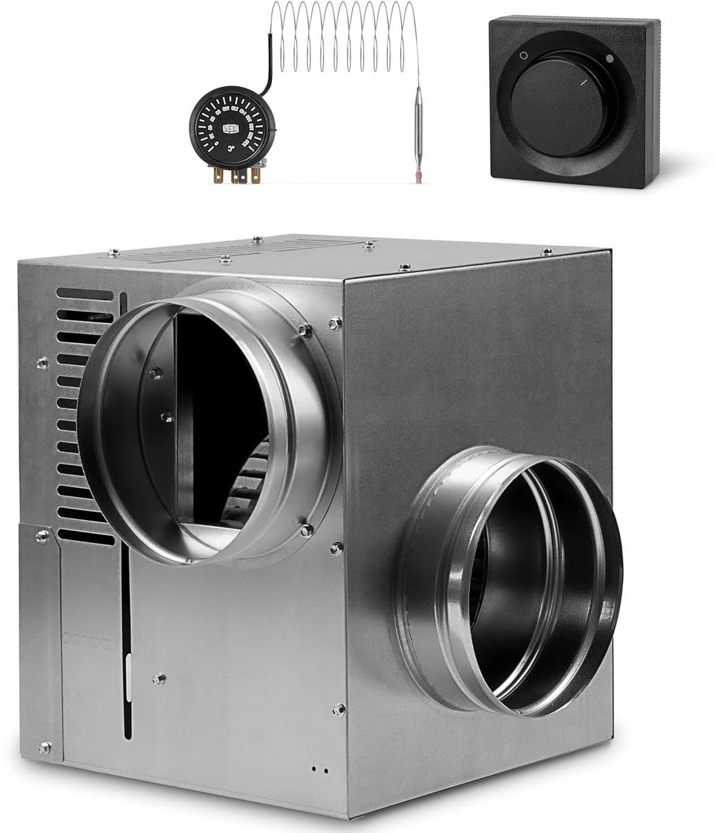 Heteluchtventilator - Kachel ventilator - Warmte verdelen - Met thermostaat - 150 mm inlaat - Zwart