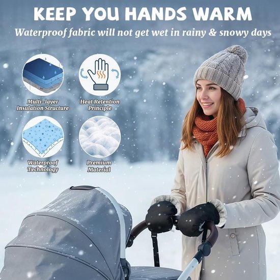 Kinderwagen Handwarmers - Wandelwagen Mof - Winterse Uitjes - Waterdicht Winddicht - Universele Maat - Zwart — afbeelding 5