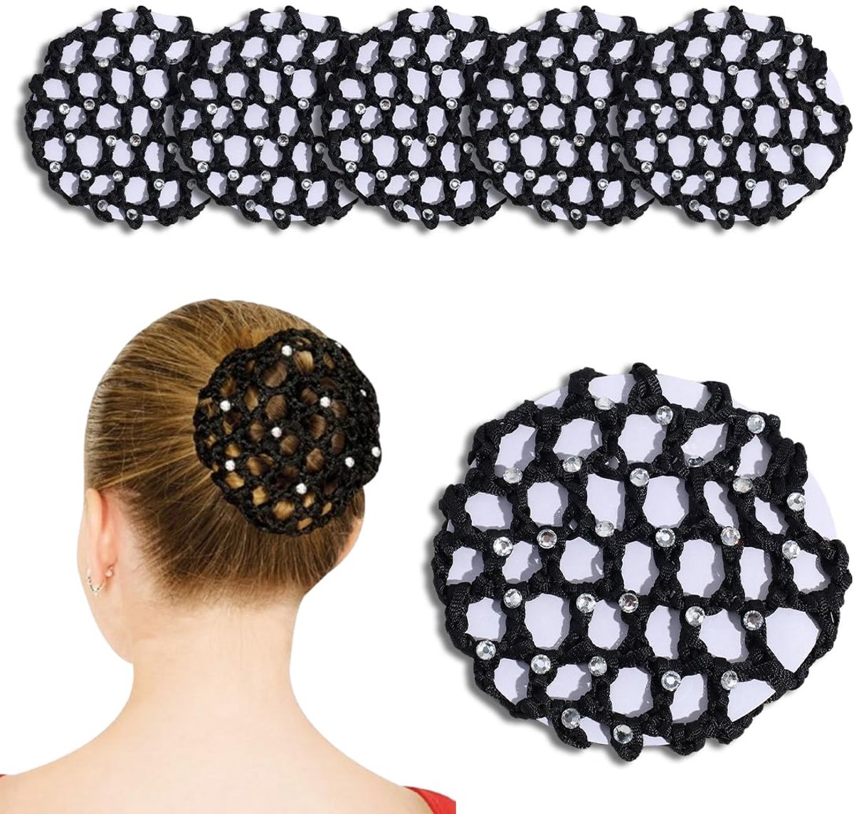 5 stuks knotkapsels, haarnet, knotkussen, voor ritmische balletgymnastiek (zwart)