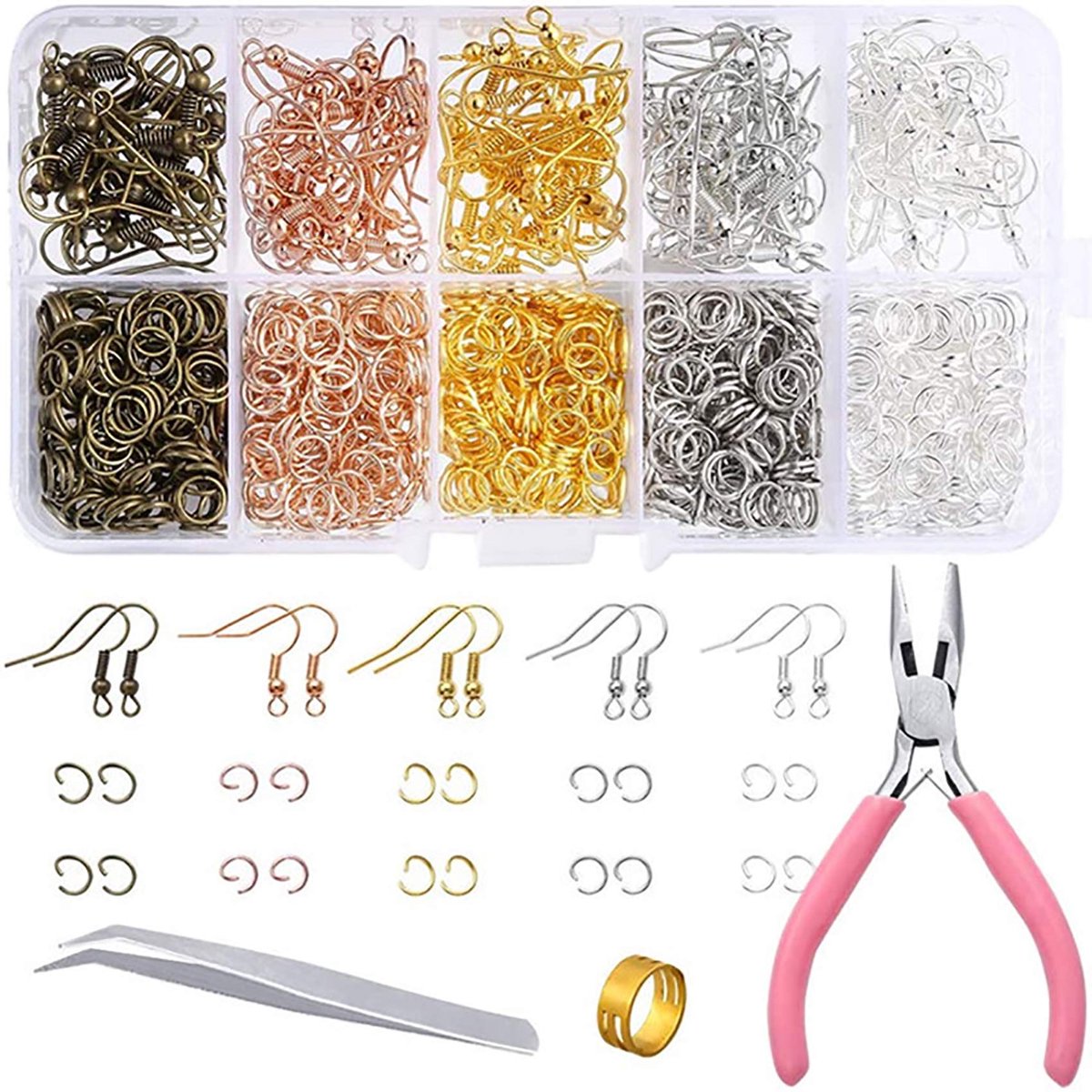 1128 stuks oorringen maken, set met oorringen, haken, splitringen, tang, pincet, opener voor oorbellen, maken doe-het-zelf oorbellen, sieraden en repareren