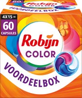 Robijn Color voordeelbox met 60 wascapsules. De verpakking is oranje met een vlinder en kleurrijke cirkels.