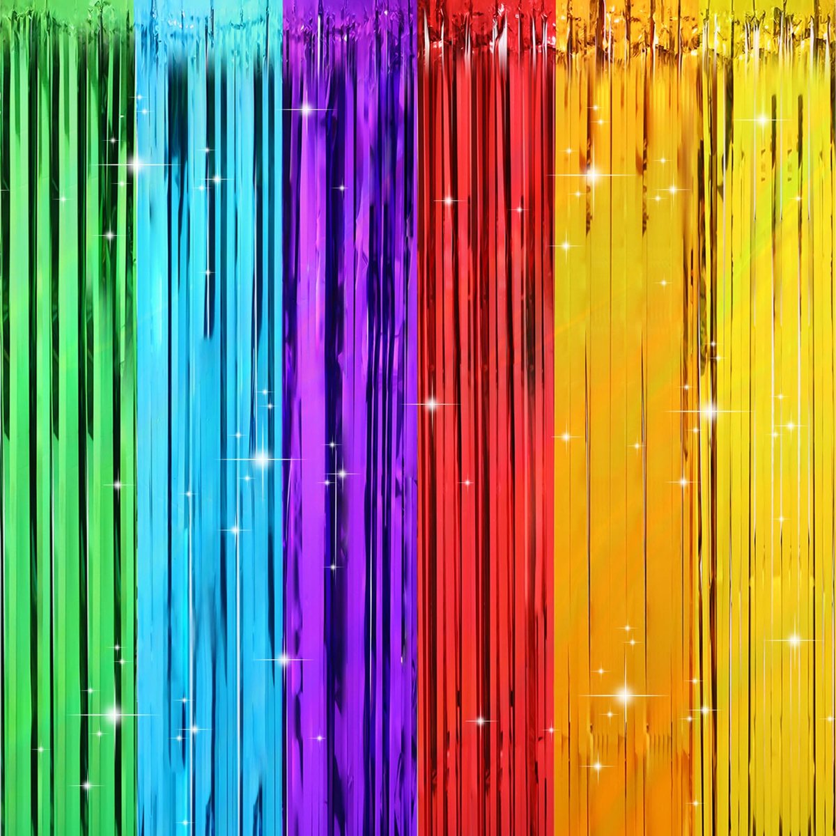 gordijn, kleurrijk, regenboogdecoratie, glittergordijn, lametta als feestdecoratie voor verjaardagsfeest, glittergordijn, folie, franjegordijn, 1 m x 2 m, voor carnaval, lamettagordijn voor