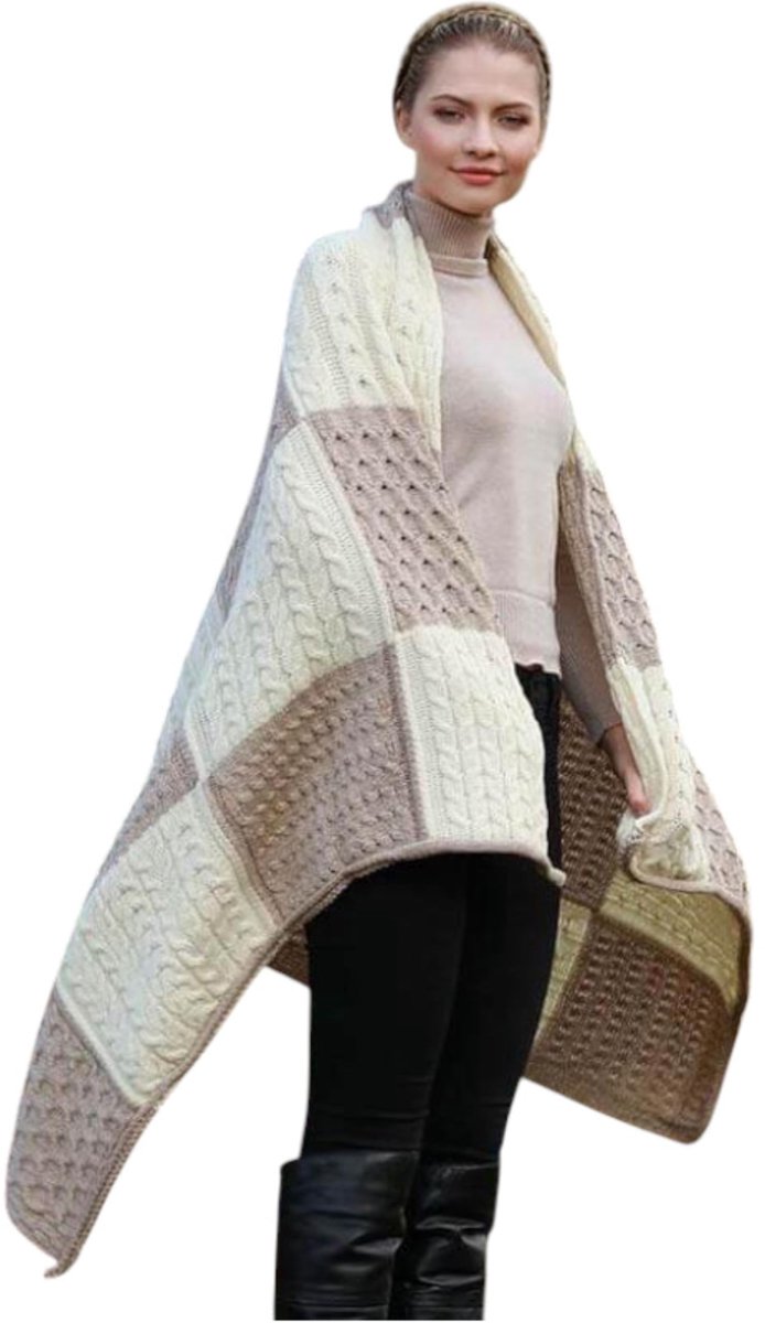 Woollen Mills Ierse patchwork knuffeldeken sprei wollen deken van 100% merino wol (167cm x 110cm) (beige)