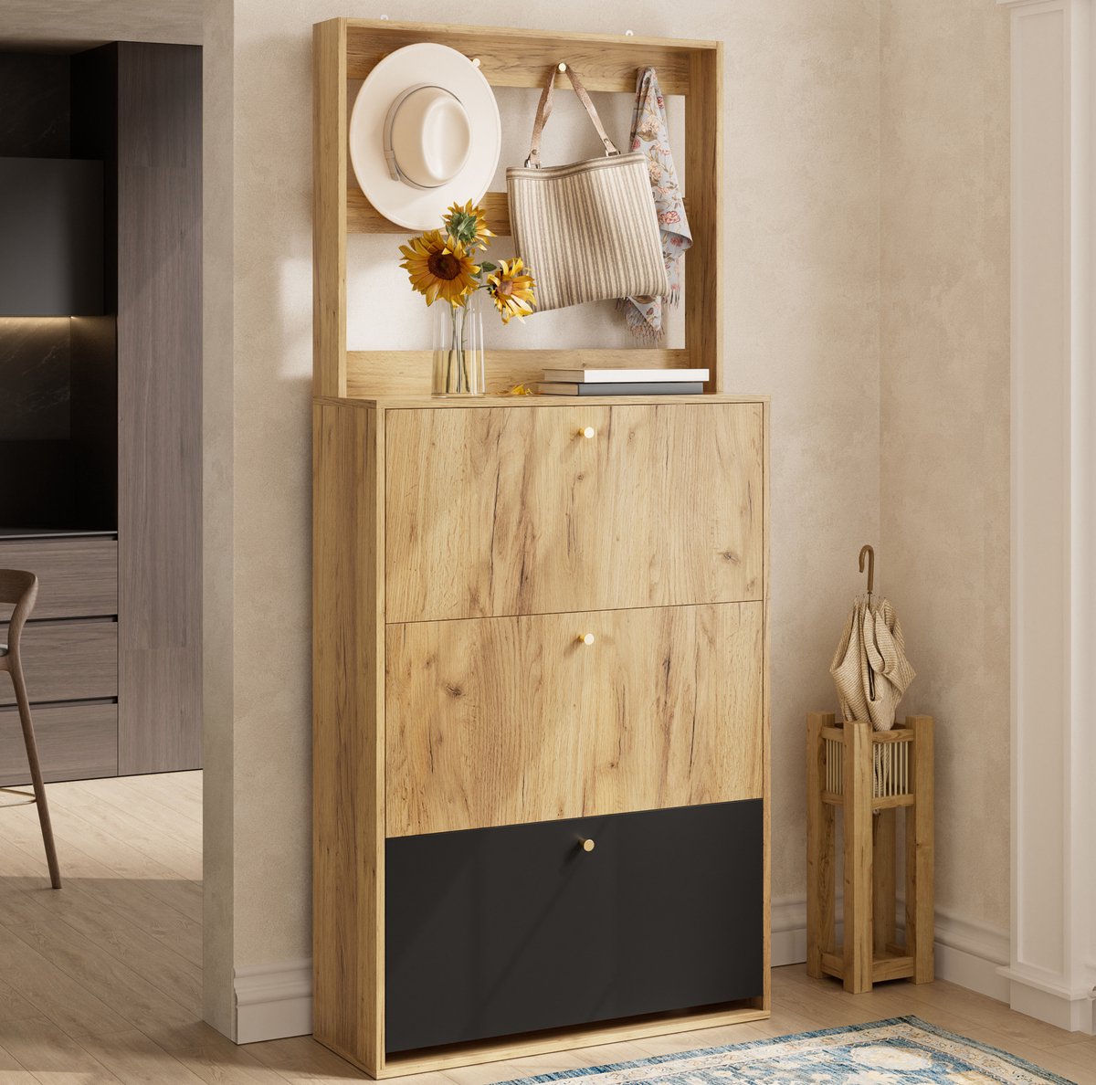 MIVRAY Schoenenkast - Staande Opbergkast Met 3 Kleppen En Haken - Voor Hal En Entree - Spaanplaat - 75x24x180 Cm - Naturel Zwart