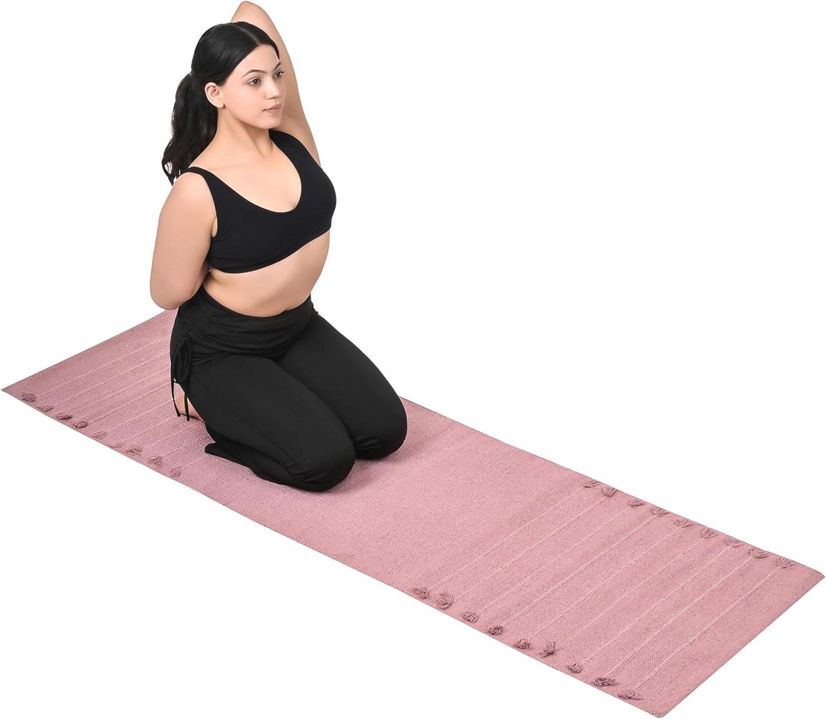 Yogamat Katoen - Fitness Tapijt - Thuis Sporten - Handgeweven Kwaliteit - Extra Lang - Rozenkwarts