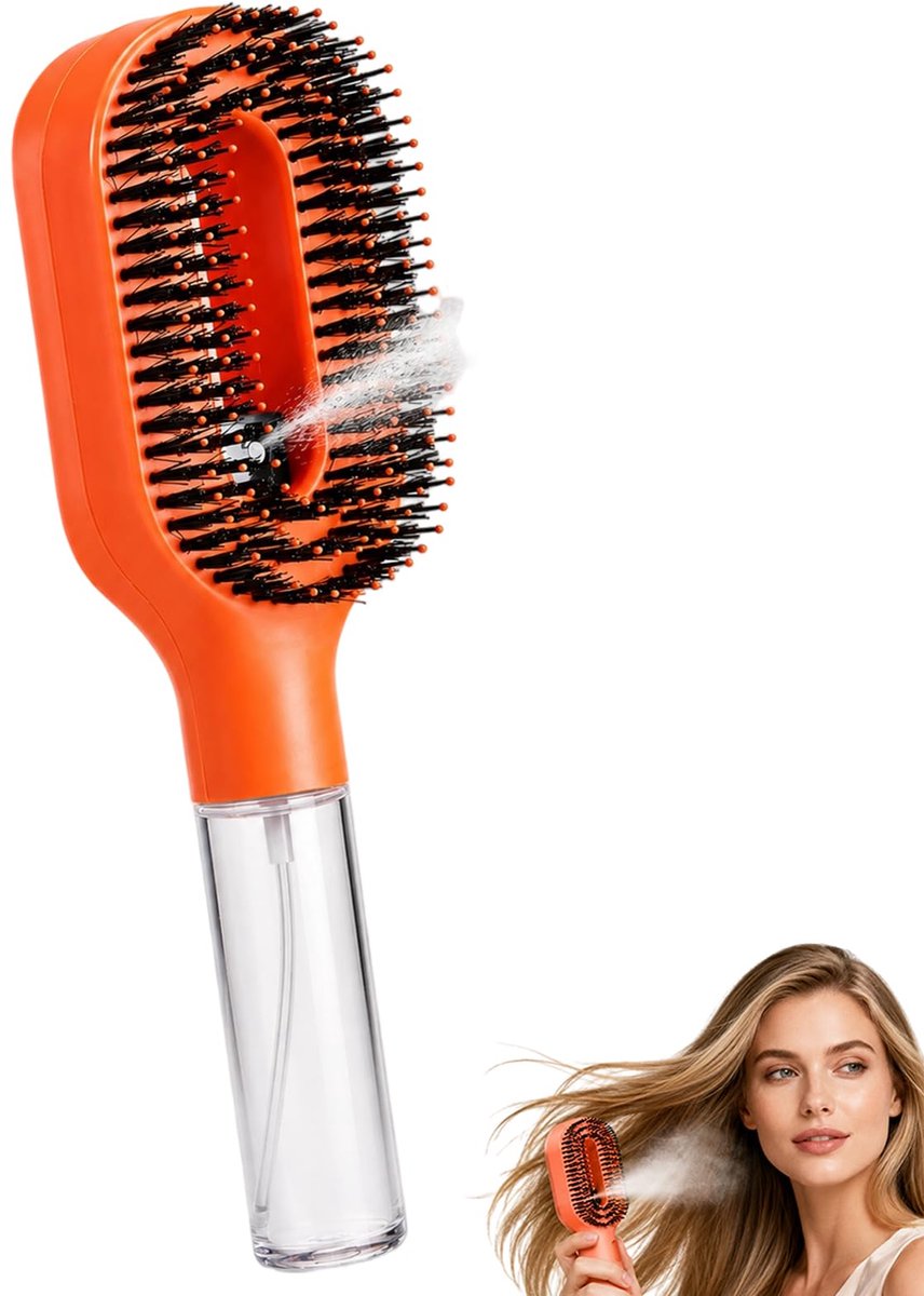 Haarborstel met Water, Krulborstel & Curly Hair Brush, 2-in-1 Föhnborstel met Sprayfunctie voor Ontwarren en Stylen, Draagbare Ronde Borstel voor Krullen (oranje kleur)