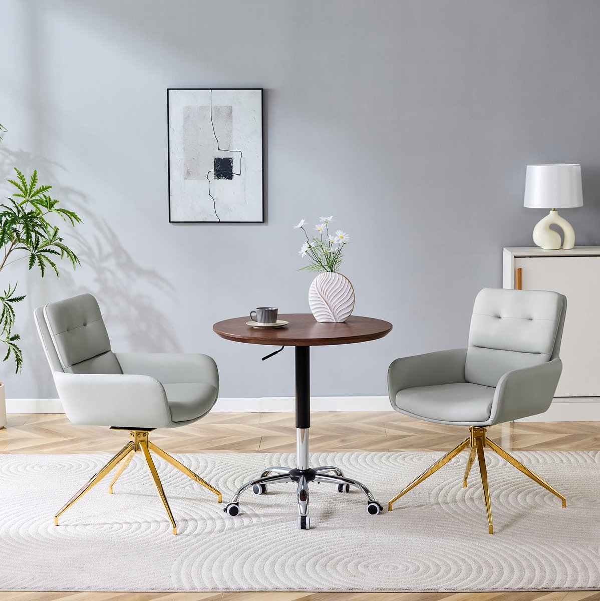 DESMIU Eetkamerstoel - 55 Cm - Draaibaar Met Armleuning En Knopenrug - Voor Eetkamer En Zithoek - Kunstleer En Metaal - Lichtgrijs Goud