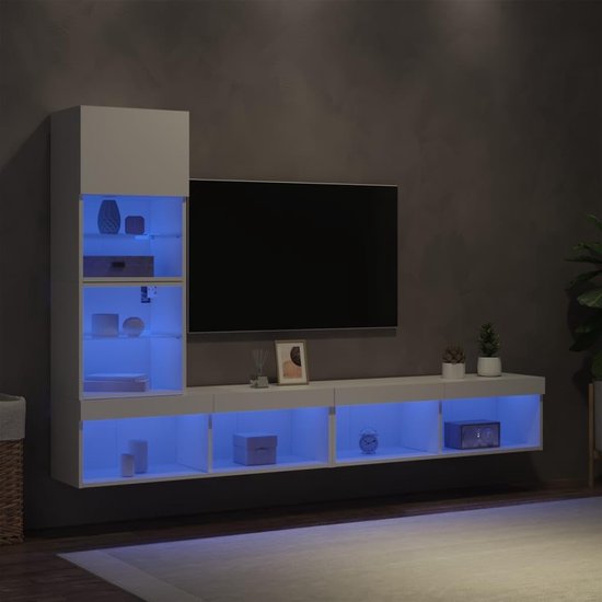 TV Wandmeubel Set - Muurkast Systeem - Woonkamer Organiseren - Met RGB LED Verlichting - 4 Delig - Wit — afbeelding 2