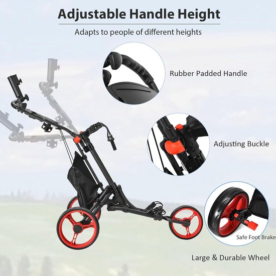 Opvouwbare Golftrolley - Golfkar Push - Golfbaan Gebruik - Voetrem Inklapbaar - 3 Wiel Model - Rood — afbeelding 2