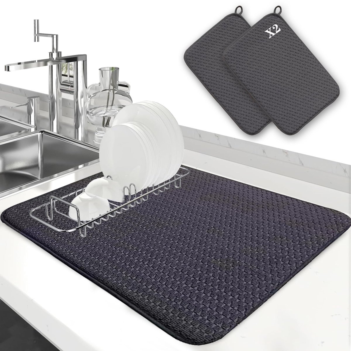 2 stuks afdruipmat voor keuken, spoelbak-droogmat, servies-afdruipmat, microvezelbescherming voor keuken en spoelbak, droogmat als afdruiponderlegger voor keuken en spoelbak (38 x 50 cm)