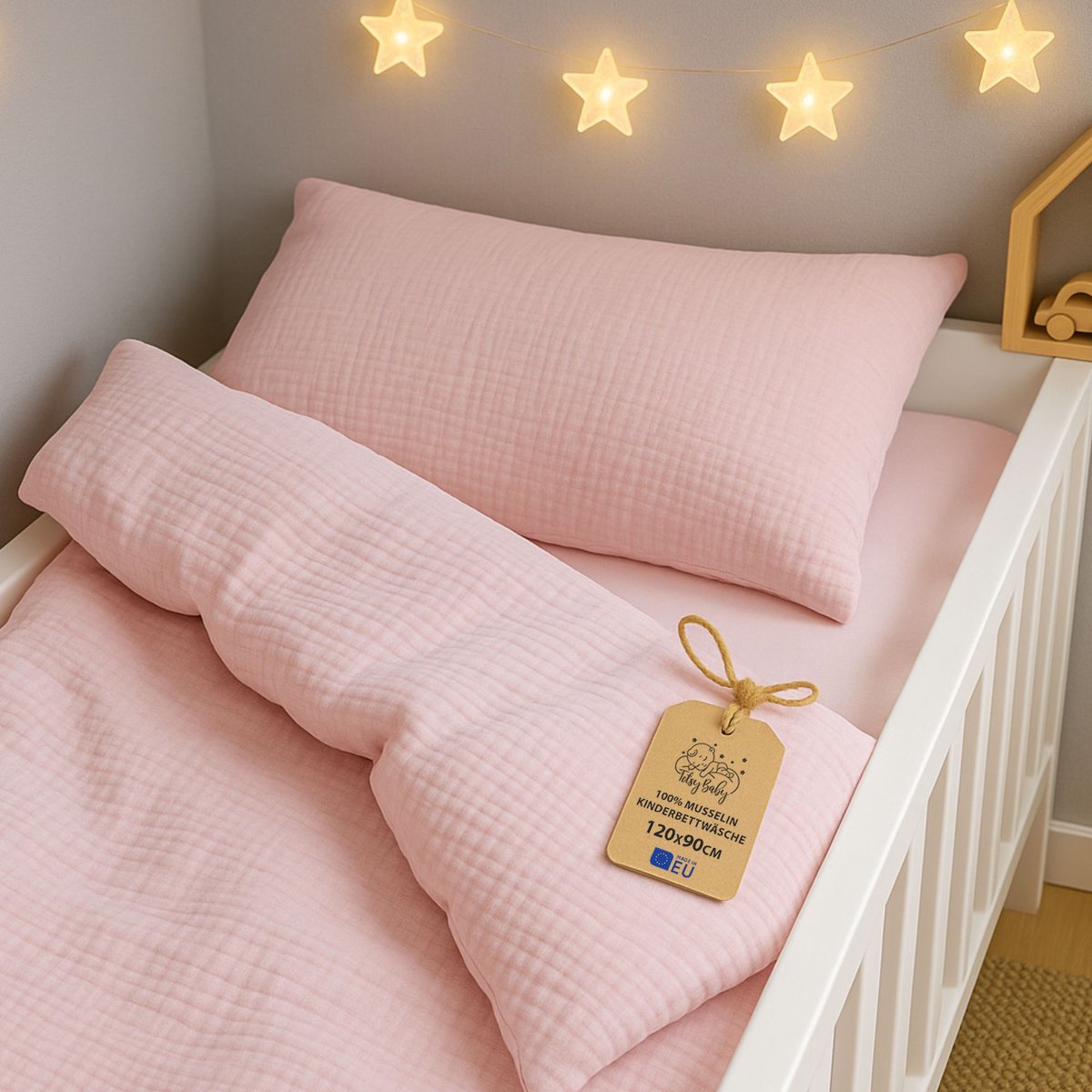 mousseline Dekbedovertrek voor ledikant baby 90x120cm - Katoen dekbedhoes voor kind bed Set Dekbedzak Poederroze En Kussensloop 60 x 40 cm Oeko-Tex-certificaat