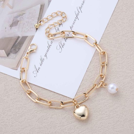 Parel Hart Goud Chunky Paperclip Ketting Poffant Armband Hanger Hart Liefde Armbanden Ronde Kralen Dangle Handketting Enkelband Sieraden Voor Vrouwen — afbeelding 2