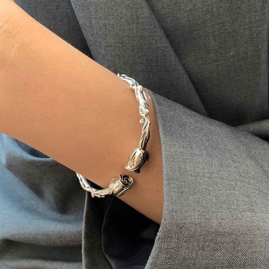armband zilver vintage roos charme open manchet armband statement roos bloem geluk armband handketting boho hand band voor vrouwen en meisjes — afbeelding 2