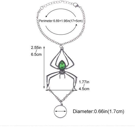 Handketting voor dames, gothic handsieraad van zwart metaal en groen kristal met ring, spinnen-handketting handdecoratie in donkere stijl voor damesmode — afbeelding 3
