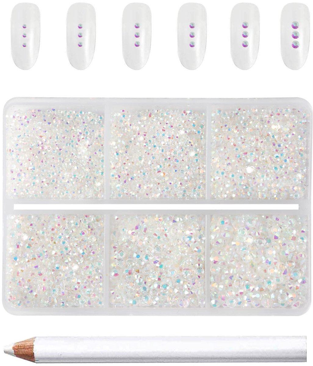Strass steentjes voor nagels, transparante ronde kleine kristallen glas steentjes edelstenen voor ambachten, gemengd 6 maten met wax potlood kit, SS3-SS10, transparant AB