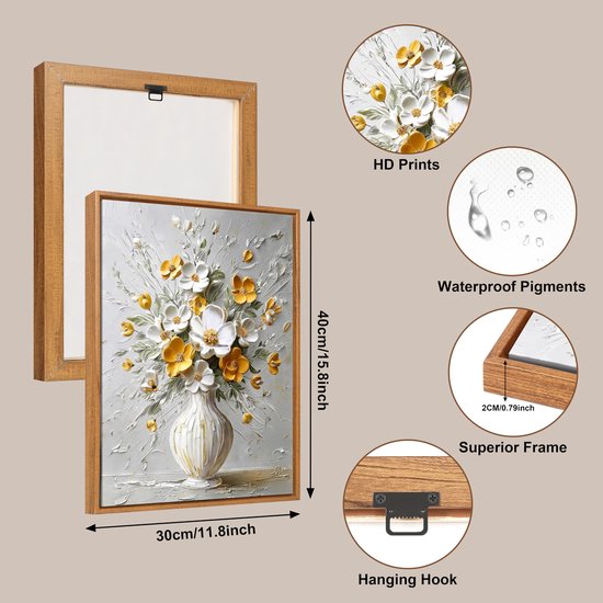 Print op canvas met modern frame, wit, geel, beige, bloemen, schilderijen op canvas, poster, bloemen, botanische planten in pot, moderne foto's, poster, wandprint, woonkamer, slaapkamer, 30 x 40 cm — afbeelding 4
