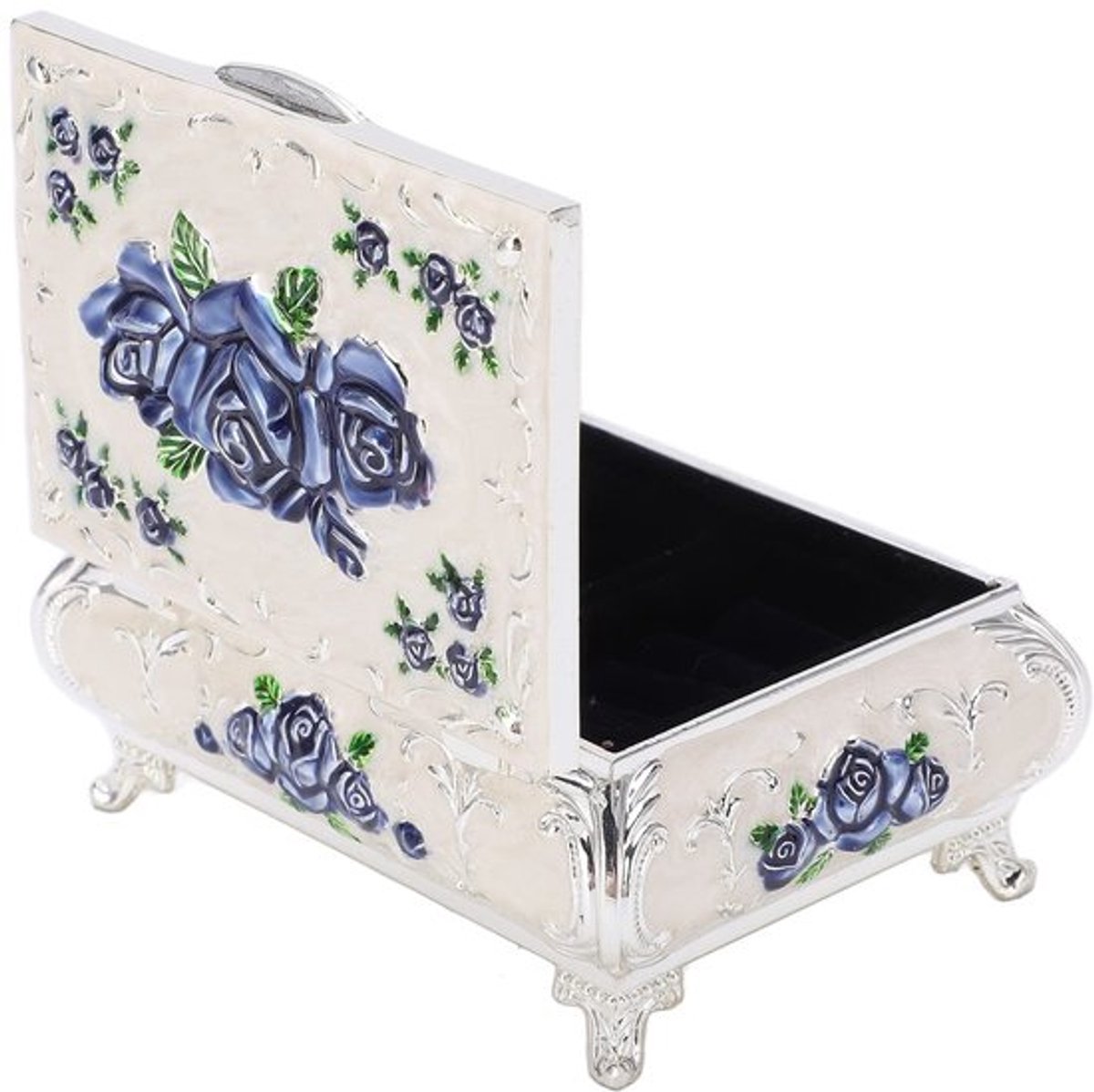 Vintage zilveren juwelendoos witte blauwe roos