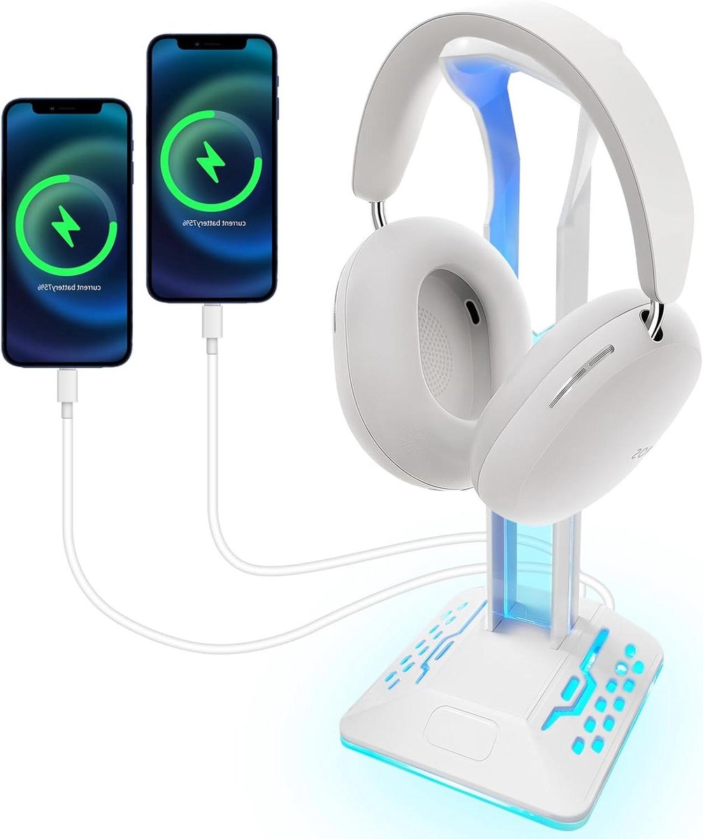 Hoofdtelefoonhouder - Standaard Accessoires - Bureau Organisatie - Met RGB en USB - 12.5 x 10.5 x 27.2 cm - Wit