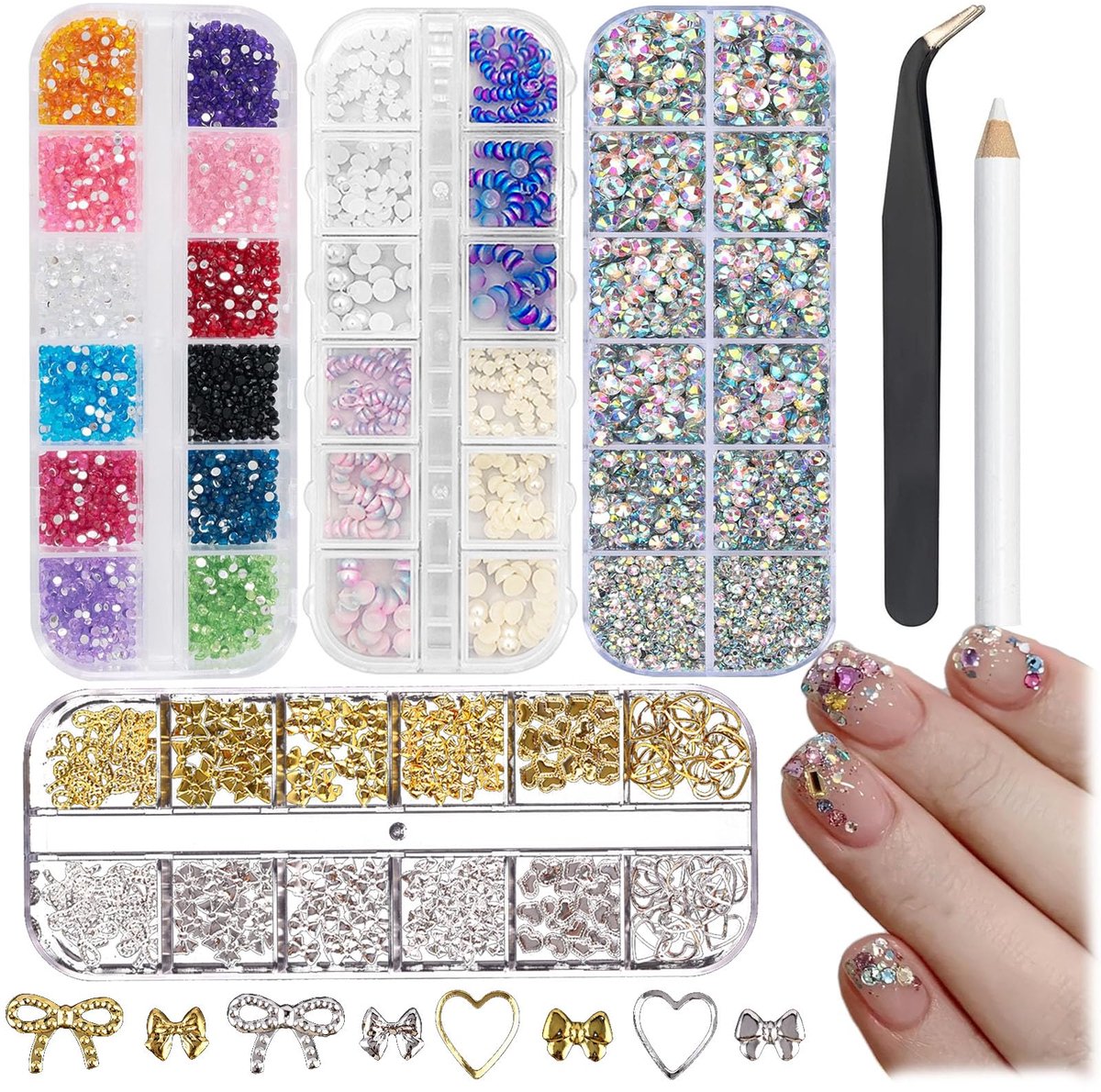 4 dozen nagelbedels goud zilver met 4800 kleurrijke strass-steentjes