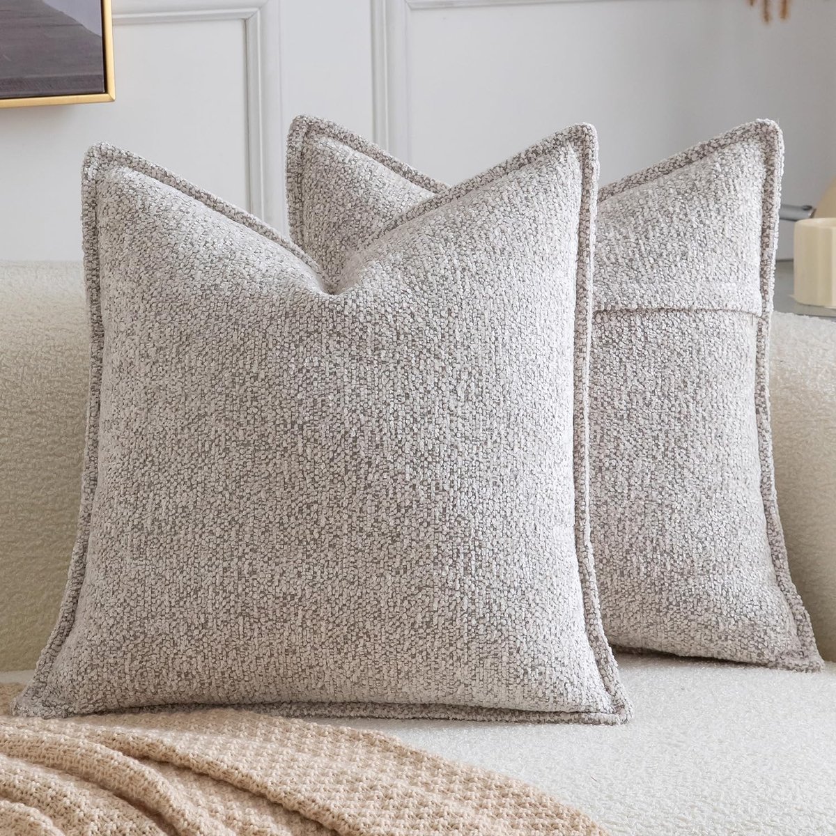 Set van 2 decoratieve Euro Sham hoezen Boho zachte getextureerde chenille sierkussens effen kussenslopen voor bank, slaapkamer, woonkamer, 60 x 60 cm, lichttaupe