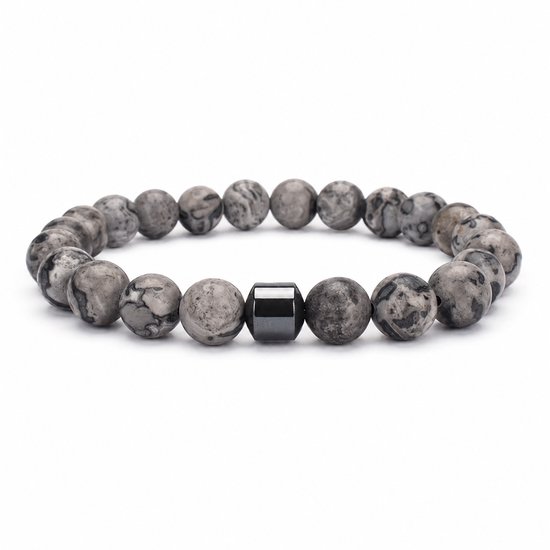 Grijze map stone kralen armband met zwarte cube kraal.