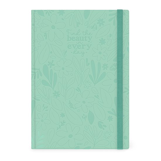 Lichtgroen notitieboek met reliëf bloemenprint en de tekst 'Find the beauty in every day'. Elastische band en jaartal 2027.
