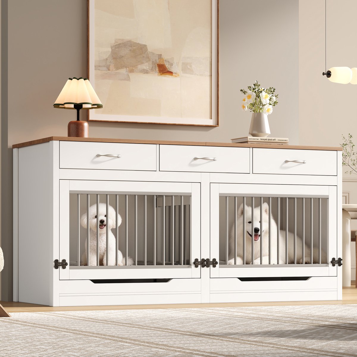 PHOEBE CAT Hondenbench - Console - 3 lades - Geschikt voor 2 honden - Met slot - Verwijderbare scheidingswand - 164 × 60 × 81 cm - Wit + Naturel