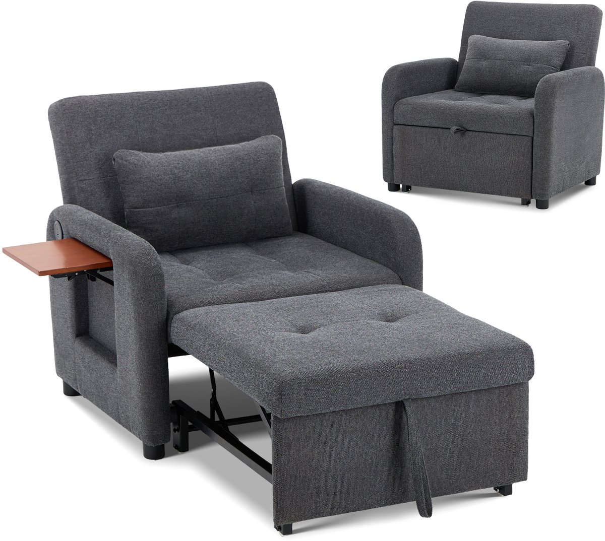 Colamy Opvouwbare Relaxfauteuil Donkergrijs - Stoffen Bekleding - Verstelbare Rugleuning - Zit- en Ligfunctie - USB-poort - Inclusief Kussen