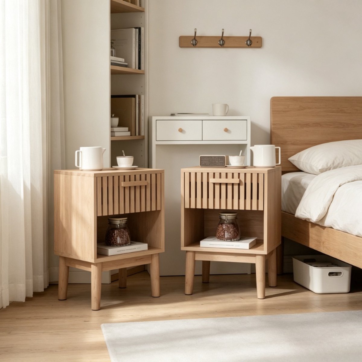 Set van 2 nachtkastjes, nachttafel met lade en open vak, bedkastje, slaapkamerkastje, opbergkast, houten poten, eikenlook