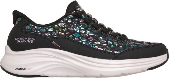 Zijaanzicht van zwarte Skechers Slip-ins instapper met iriserend luipaarddesign en witte Contour Foam-zool.