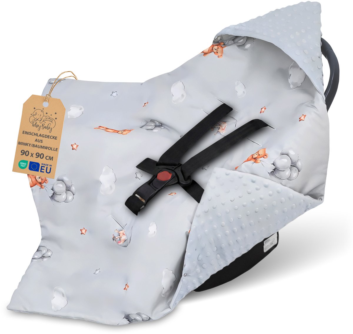 Inbakerdeken voor autostoel en kinderwagen – zachte Minky babydeken dubbelzijdig met capuchon voor pasgeborenen – lente-herfst bruikbaar onderweg en thuis 90×90 cm Teddyberen Oeko-Tex