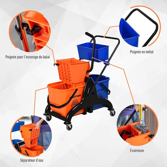 Reinigingswagen Met Pers - Schoonmaakkar - Efficiënt Reinigen - Dubbele Emmer Systeem - 26 Liter Capaciteit - Oranje Blauw — afbeelding 2