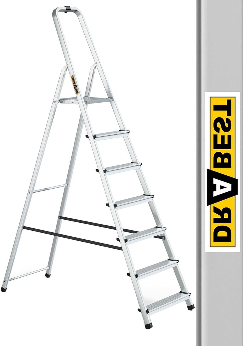 Aluminium Ladder - Huishoudtrap Vaste Trap - Klusjes in Huis - Stabiel en Veilig - 7 Treden - Zilver