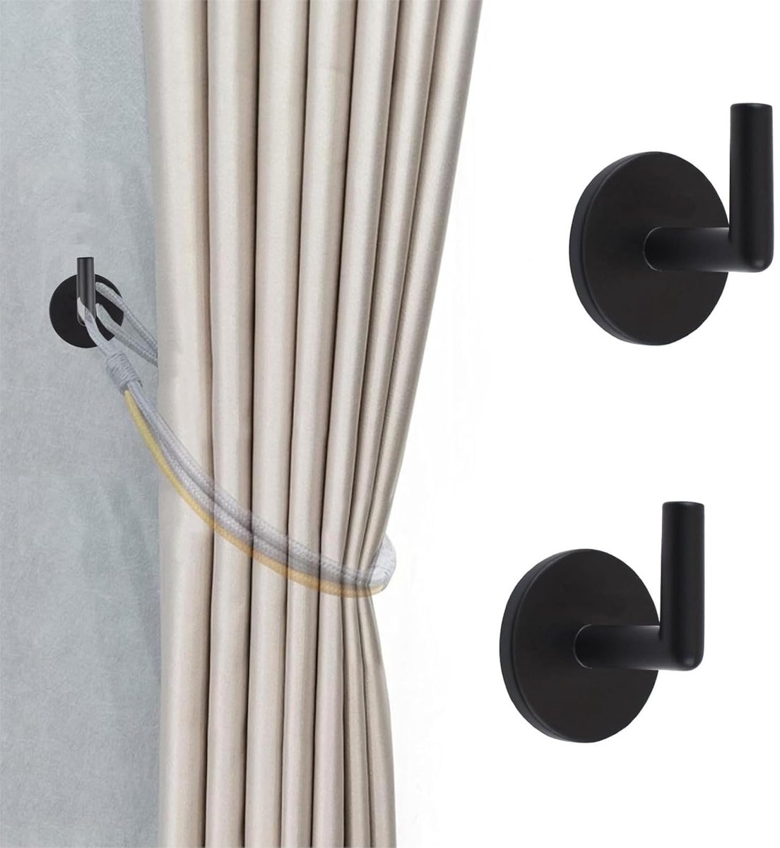 4 stuks gordijnhaken, zelfklevende wandgemonteerde gordijnhouders voor gordijnen, niet-sporen stok metalen wandhaak, opberghouder gordijnhaken hanger voor woondecoratie (zwart)