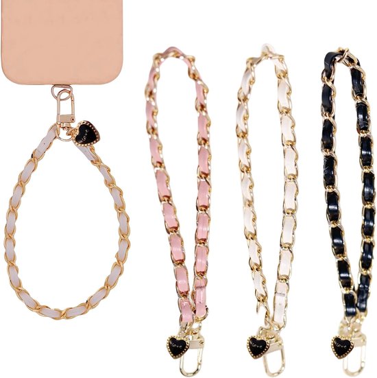 Chaînes de téléphone roses, blanches et noires, avec des breloques 'love' en forme de cœur.