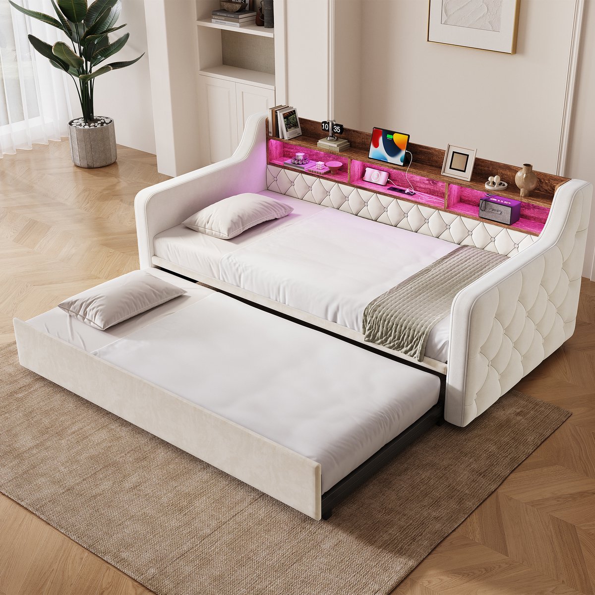 Slaapbank 90x190 cm Met Uitschuifbaar Bed, Kinderbed, Fluwelen Slaapbank Met Armleuningen, Houten Hoofdbord Met Opbergruimte, Ledverlichting, Usb- En Type-C-Aansluiting, Lattenbodem, Daybed Voor Logeerkamer En Woonkamer-Beige