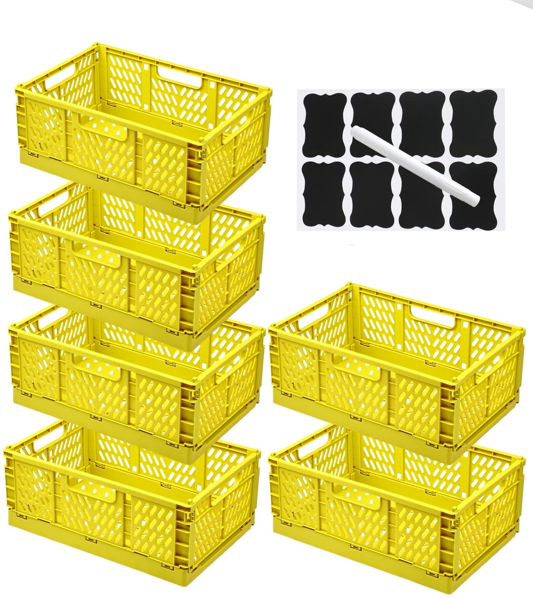 Set van 6 Opvouwbare Opbergdozen met Etiketten en Pennen,Opvouwbare Opbergmanden met Handvatten,Stapelbaar voor keuken,kantoor en lades (Geel, 42,5×28,5×16,5 cm)